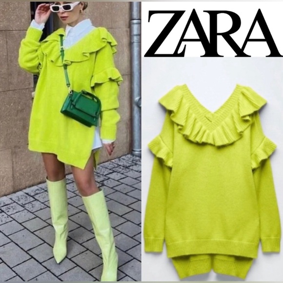 Like New ZARA RUFFLED KNIT SWEATER V - NECK
Fluorescent lime M-L - Picture 7 of 7